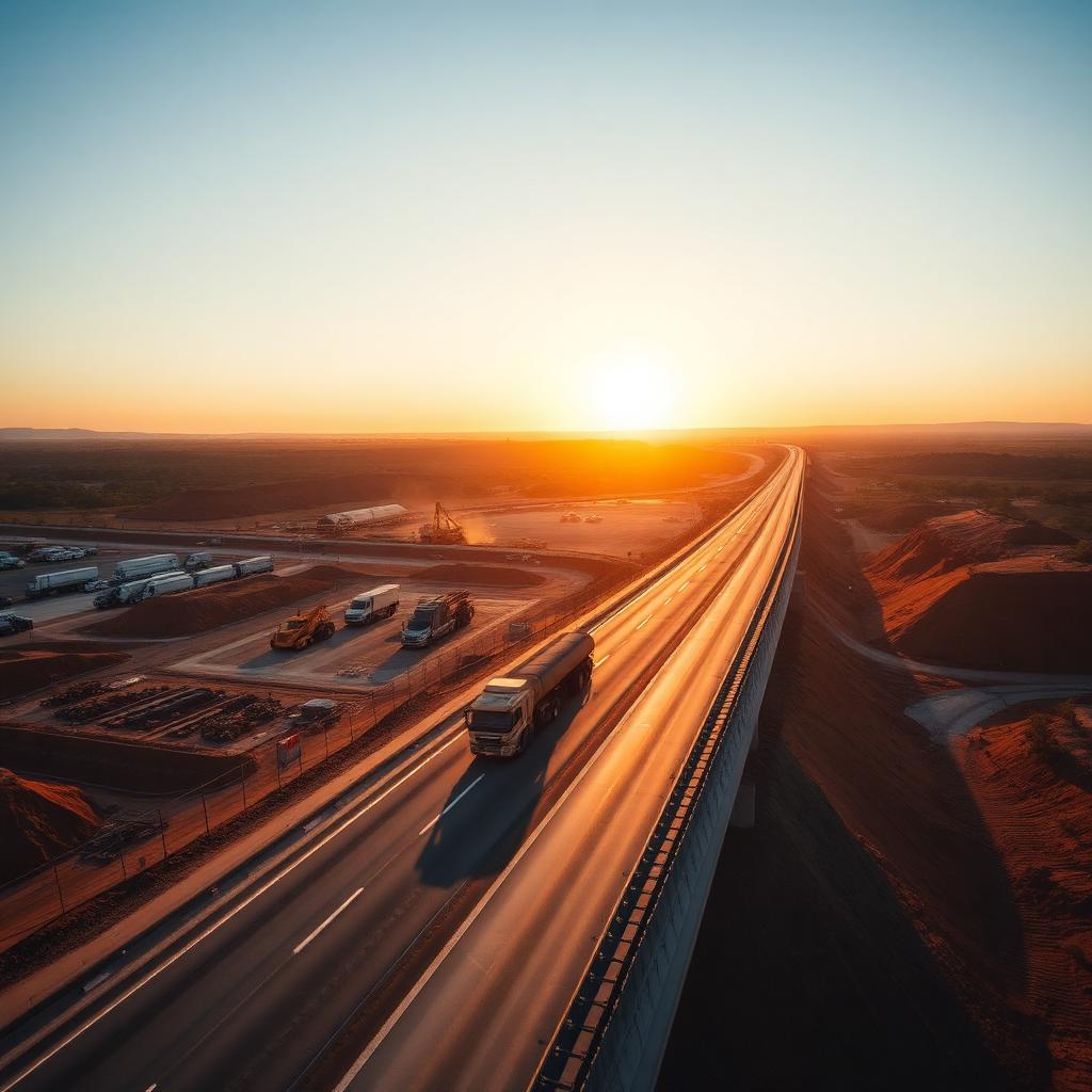 Major Australian civil infrastructure project at golden hour - roadworks and earthworks running to the horizon under an expansive sky.
